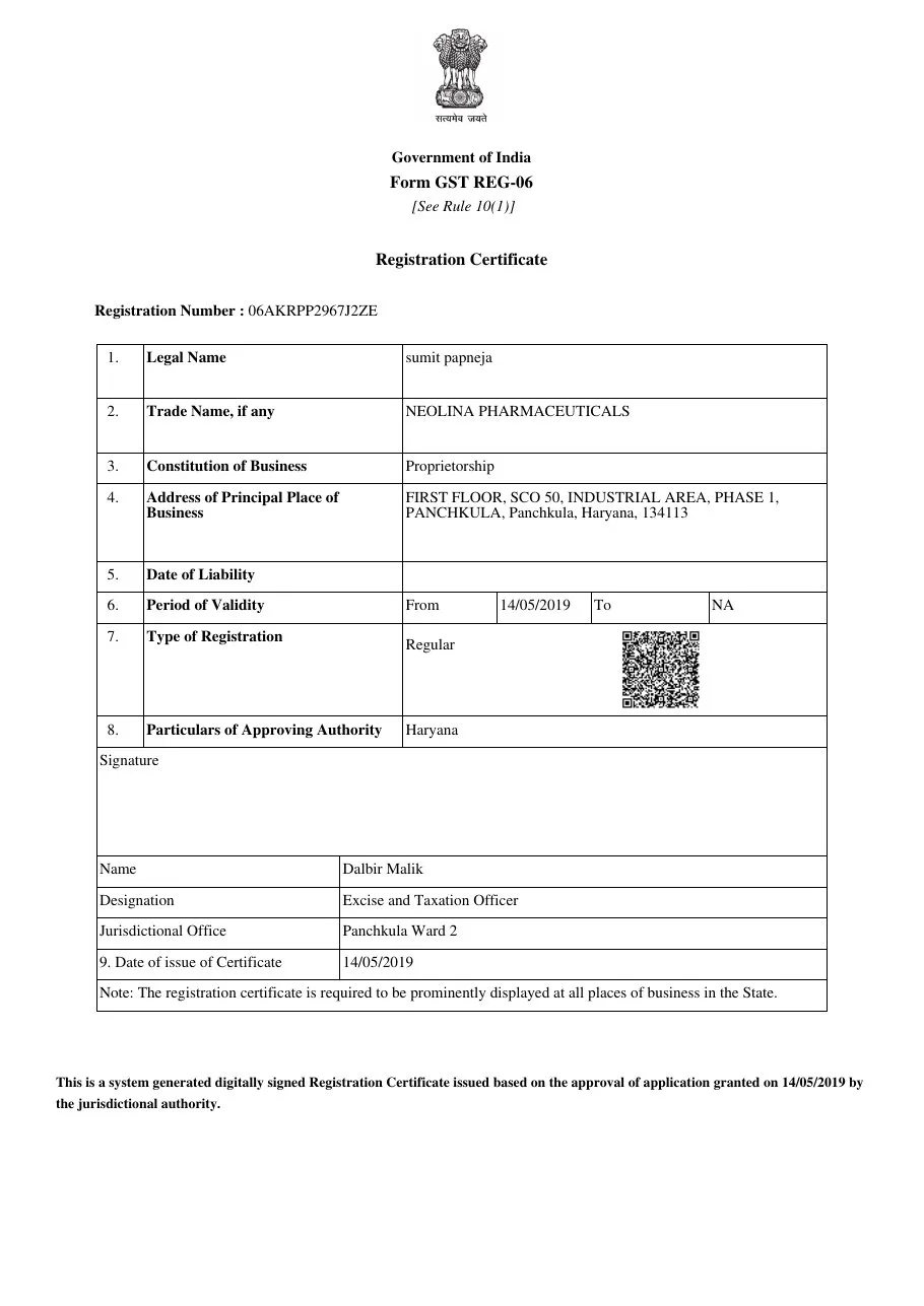 Neolina Pharmaceuticals GST Registration